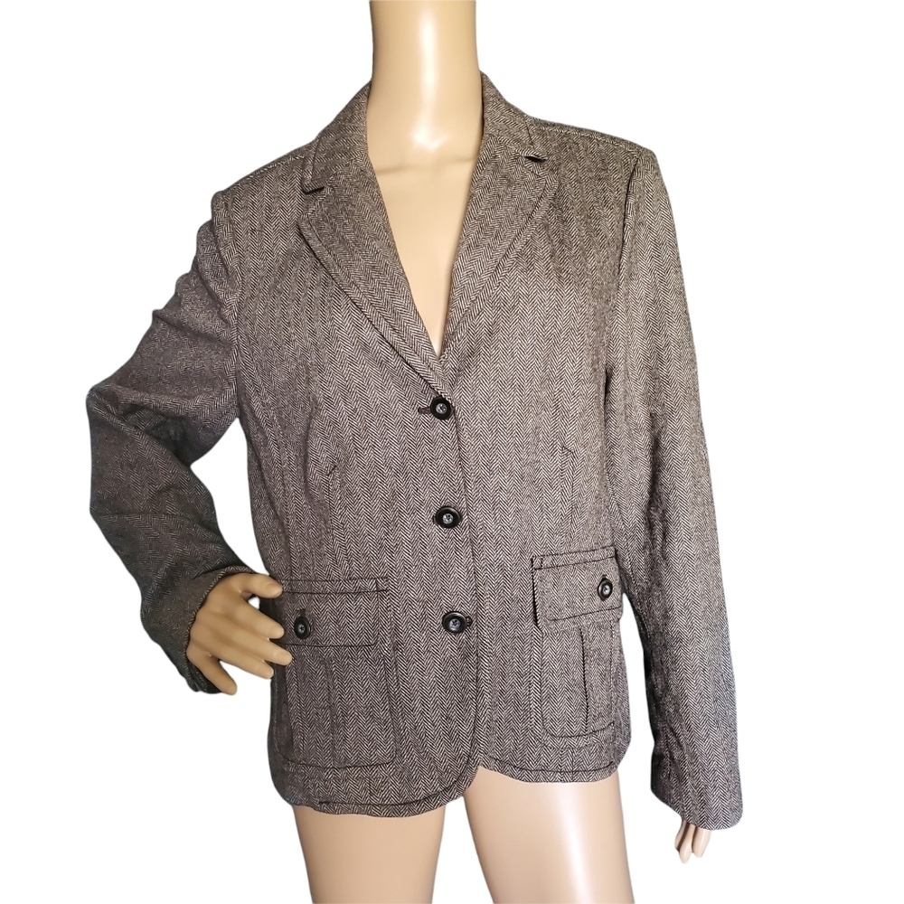 Eddie Bauer Brown Wool Herringbone Tweed Safari Style Blazer Jacket Size 16